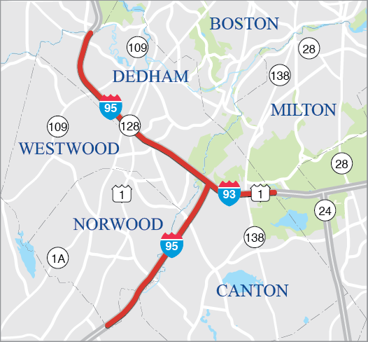 Canton, Dedham, Norwood, Sharon, and Westwood: Highway Lighting Improvements at Interstate 93 and Interstate 95/Route 128